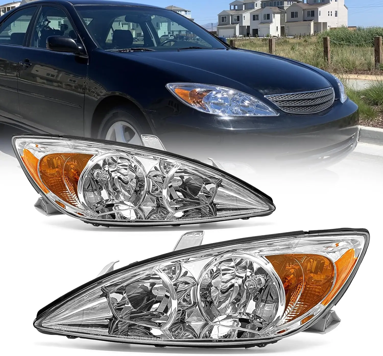 

Headlight Assembly Compatible with 2002 2003 2004 TOYOTA CAMRY Chrome Housing Amber Reflector Clear Lens Driver and Passenger