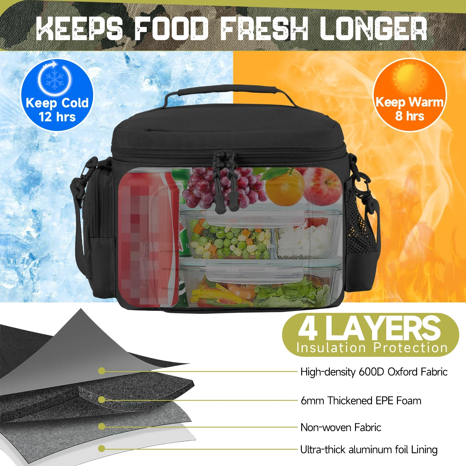 Tactical Thermal Cooler Bag Outdoor Heavy Duty Lunch Box Work Leakproof Insulated Durable Lunch Bag for Men Meal Camping Picnic