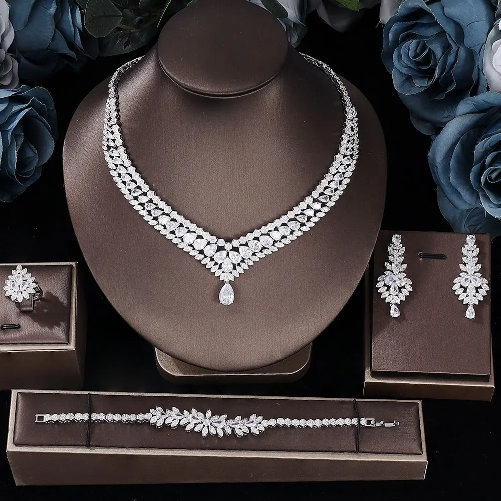 

Fashion Nigeria Dubai Wedding Jewelry Set for Women Sparkling Cubic Zirconia Bridal Accessories 4-piece Sets