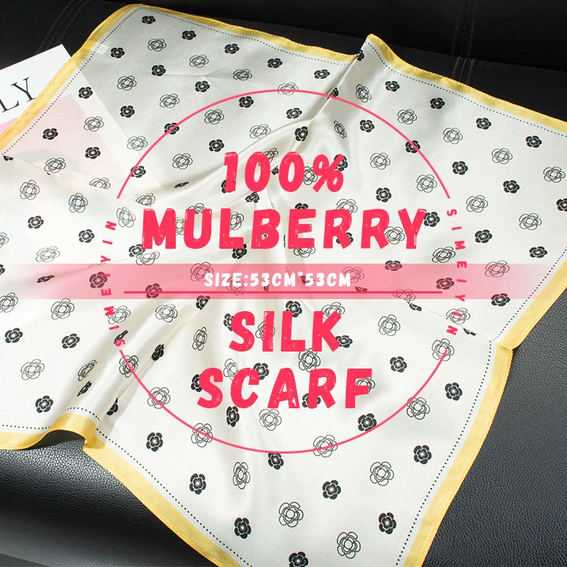 100% mulberry silk scarf 53x53cm black and white camellia print square neck silk scarf