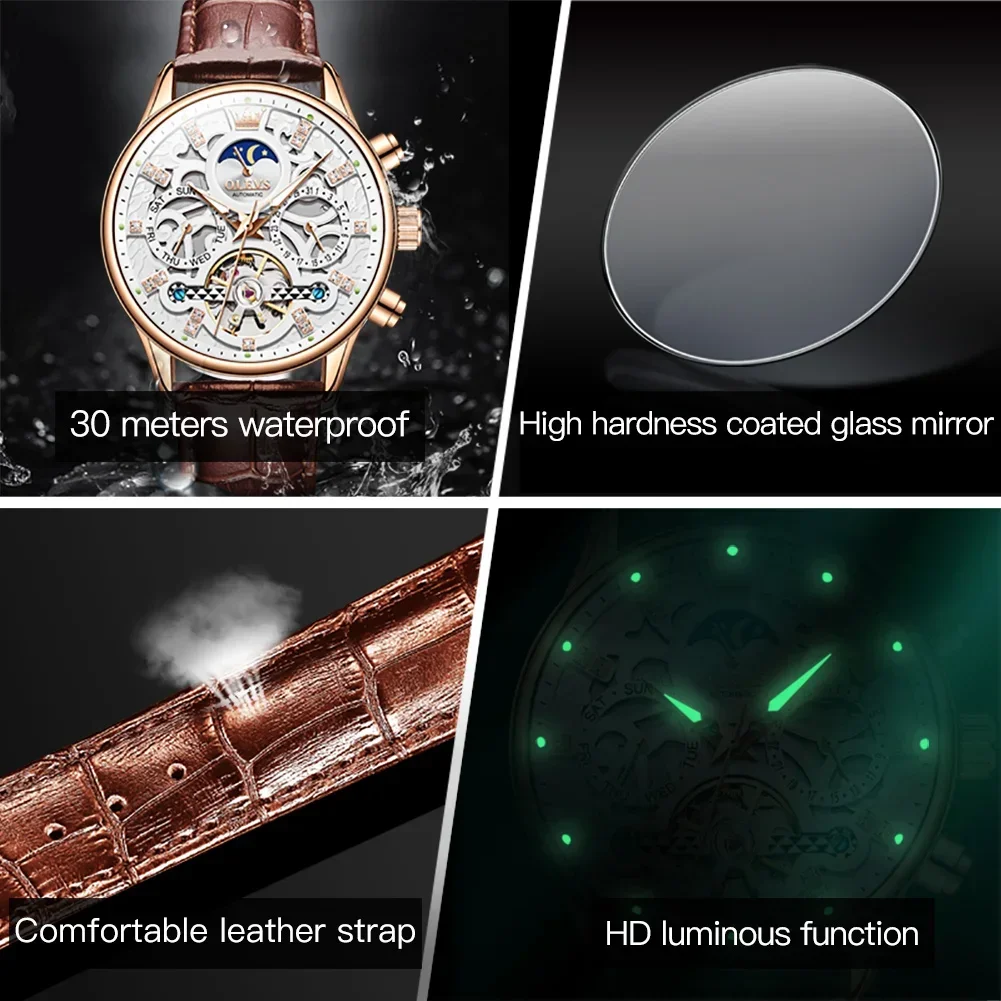 OLEVS New Automatic Mechanical Skeleton Watch for Men Moon Phase Dial Leather Strap Waterproof Luminous Wristwatch Reloj Hombre