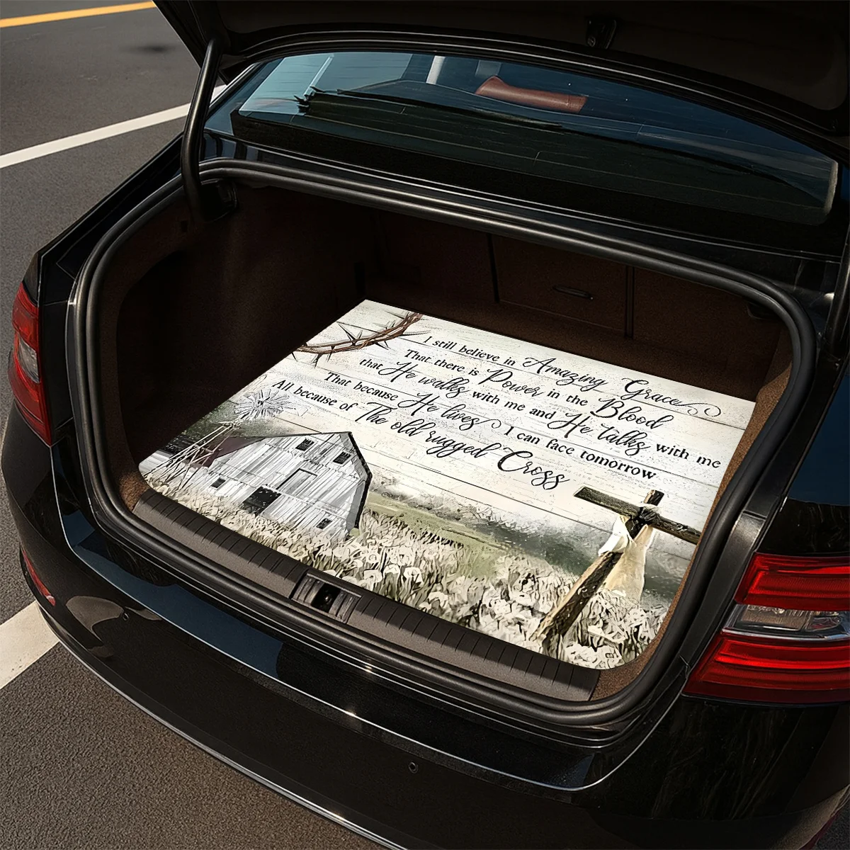 1pc, A Stylish Non-Slip Car Trunk Mat Featuring A Design Of Faith Scriptures On A Rustic Wooden Cross Pattern - Made Of Durable