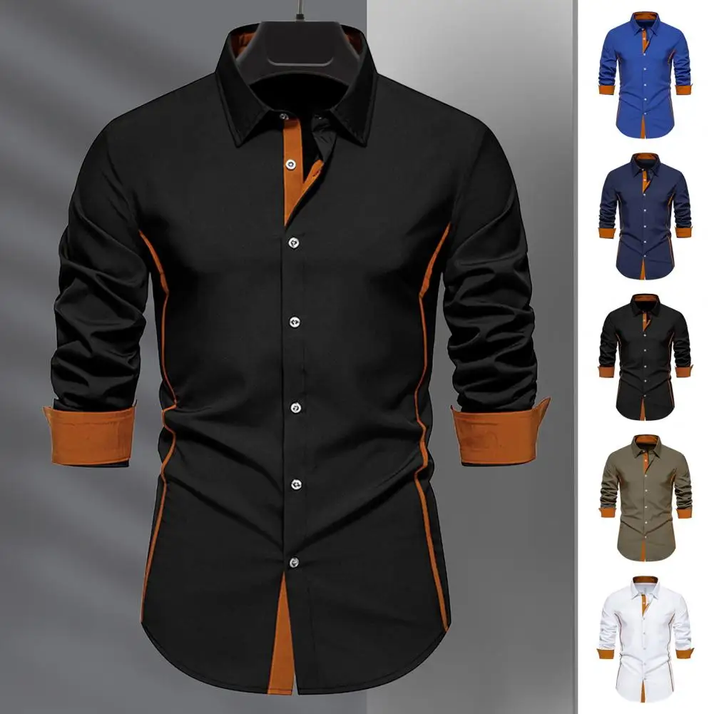 

Fall Men Shirt Turn-down Collar Buttons Long Sleeves Slim Fit Mid Length Casual Formal Business Commute Top Men Clothing