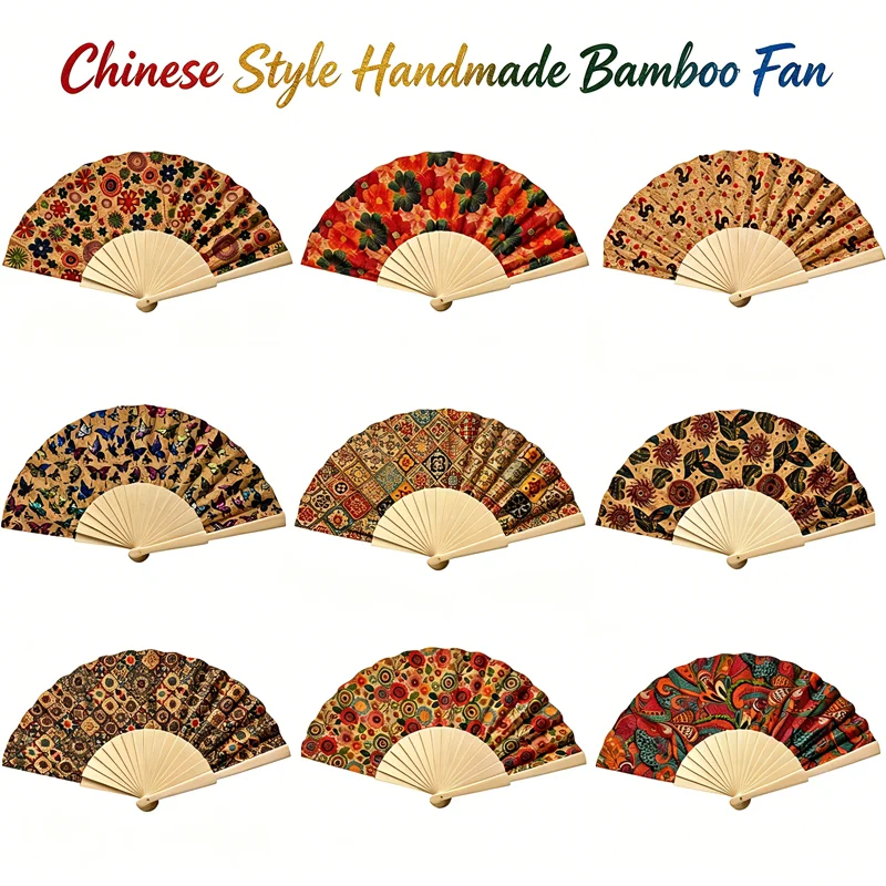 Chinese Style Soft Cork Folding Hand Fan Lightweight Wooden Rib Retro Printed Fan Portable Gift for Women Wedding Festival Decor