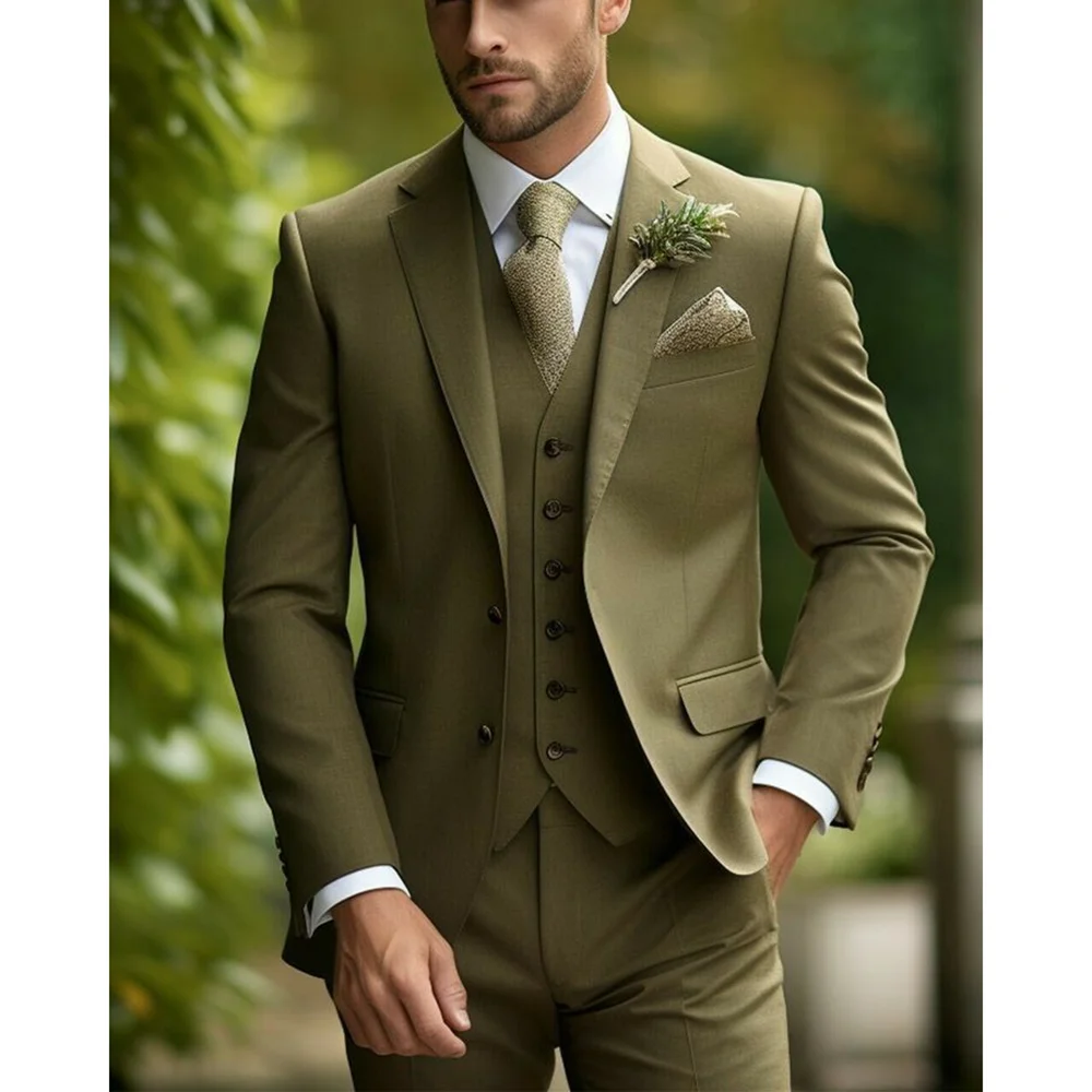 Handsome Olive Green Single Breasted Men Suit Three-pieces(Jacket+Pants+Vest) Party Prom Wedding Set