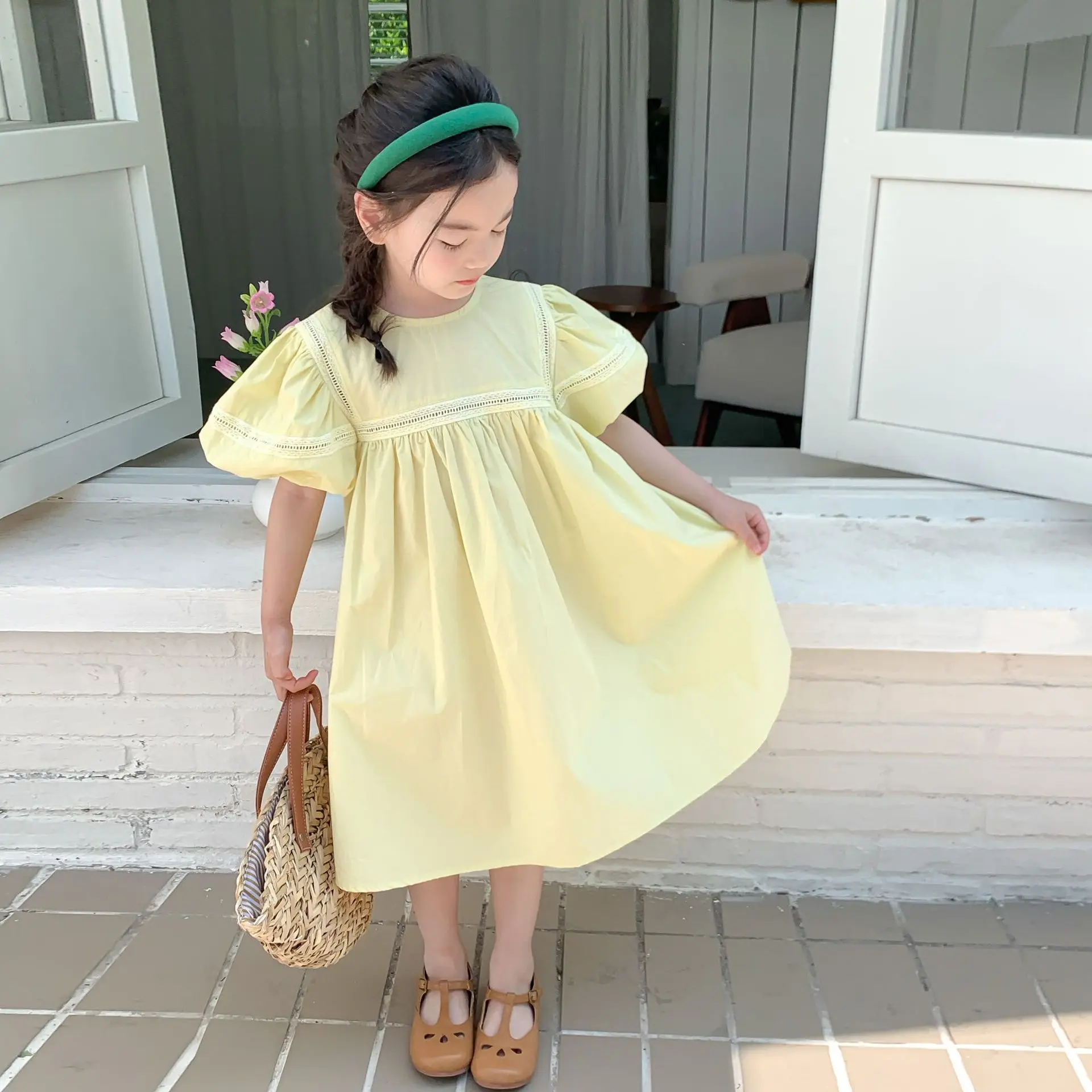

Summer 2-7 Year 2025 Korean Baby Girls Dress Puff Short Sleeve Solid Color Princess Children Girls Dress Draped Kid Girls Dress