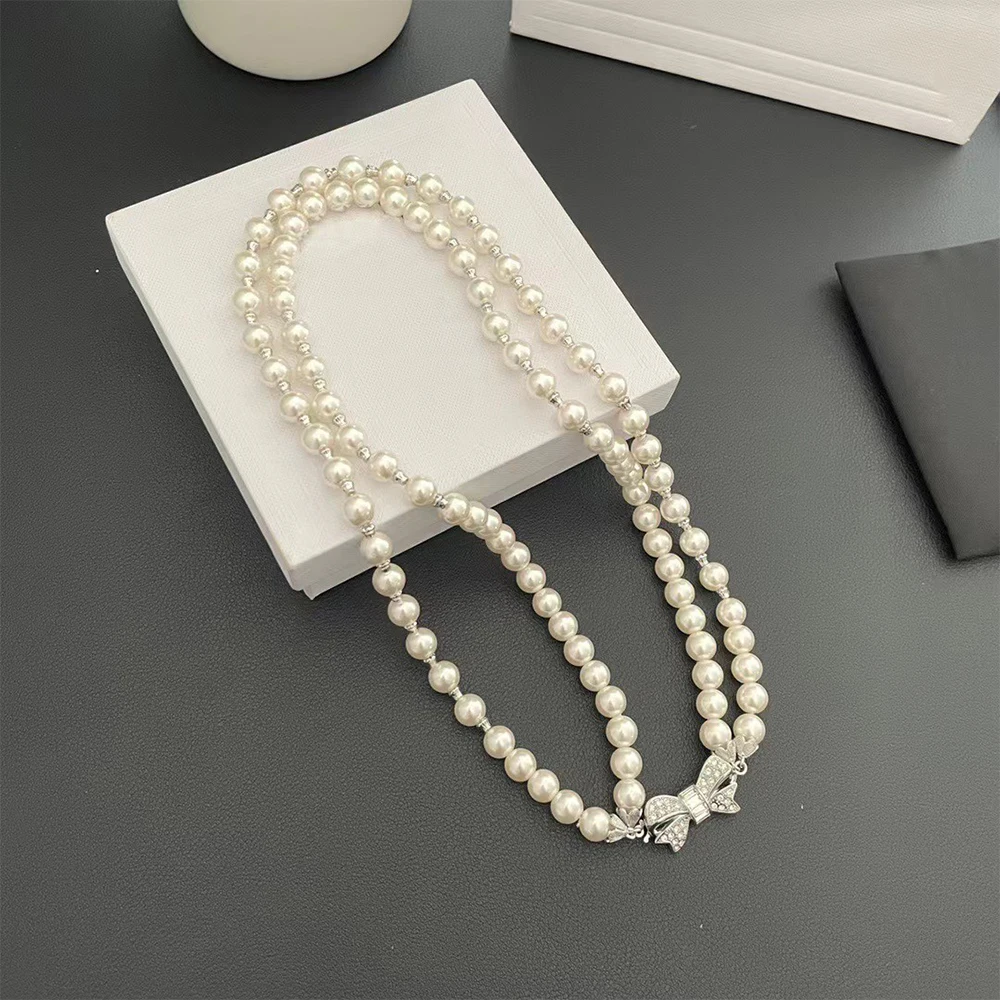 To Reines Crystal Bow Double Pearl Luxury Necklace Woman Quality Jewelry Trendy Design Attractive Girlfriend Anniversary Gift image 2