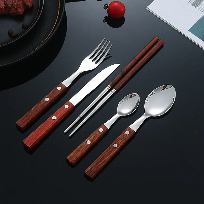 Wooden Handle Cutlery Set Western Stainless Steel Spoon Chopsticks Steak Knife Fork Tableware Vintage Dinnerware Kitchen Utensil