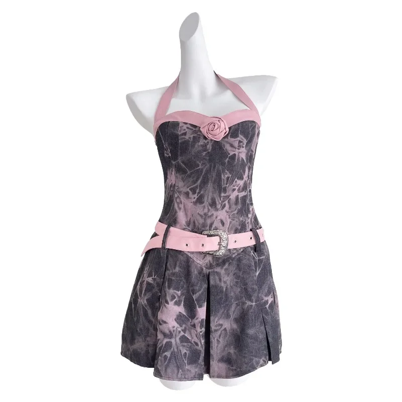 เดรสผ้ายีนส์คล้องคอเซ็กซี่, เดรสสายรัดสั้นทรงเอเข้ารูปสำหรับผู้หญิงเสื้อผ้าแฟชั่นผู้หญิงหวาน cewek seksi