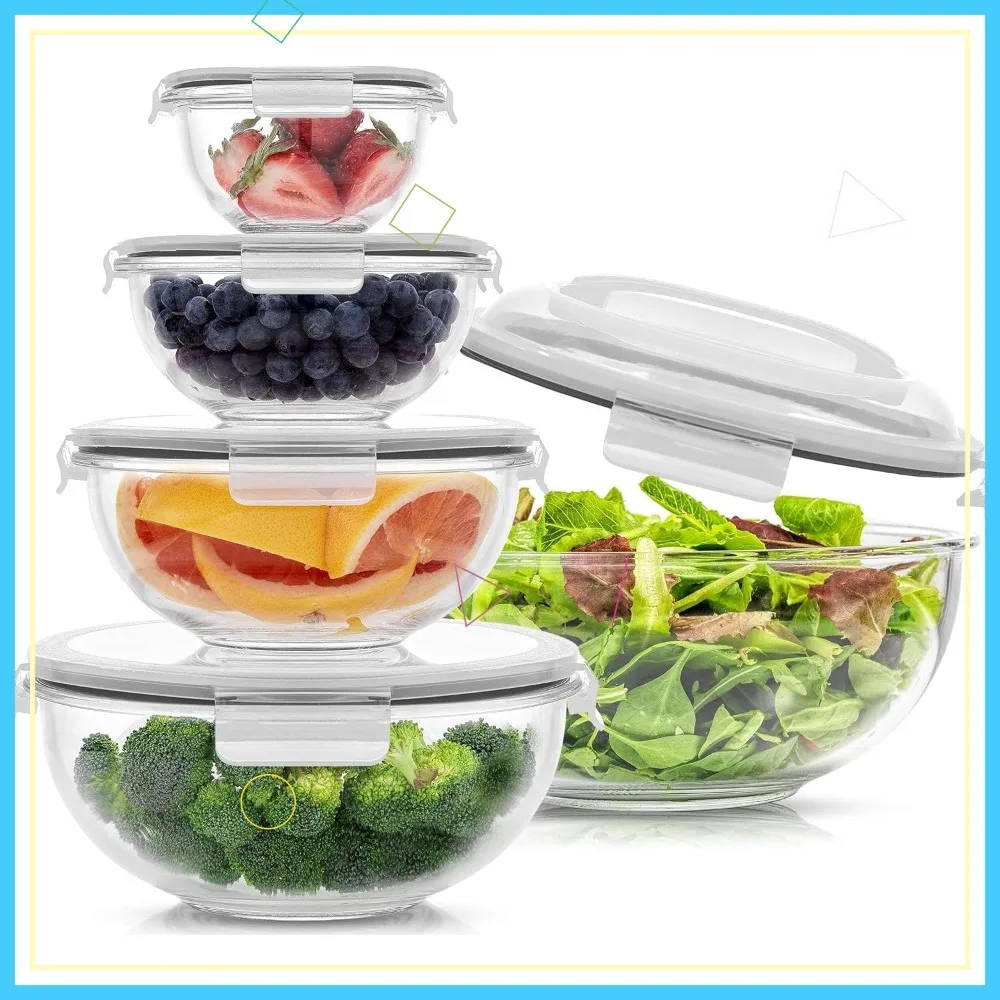 

5-Piece Glass Mixing Bowls Set with Lids - Nesting Bowls for Baking, Cooking & Storage