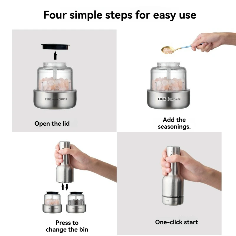 Multi functional electric pepper grinder, household black pepper sea salt grinder, fast card type 1-second compartment change
