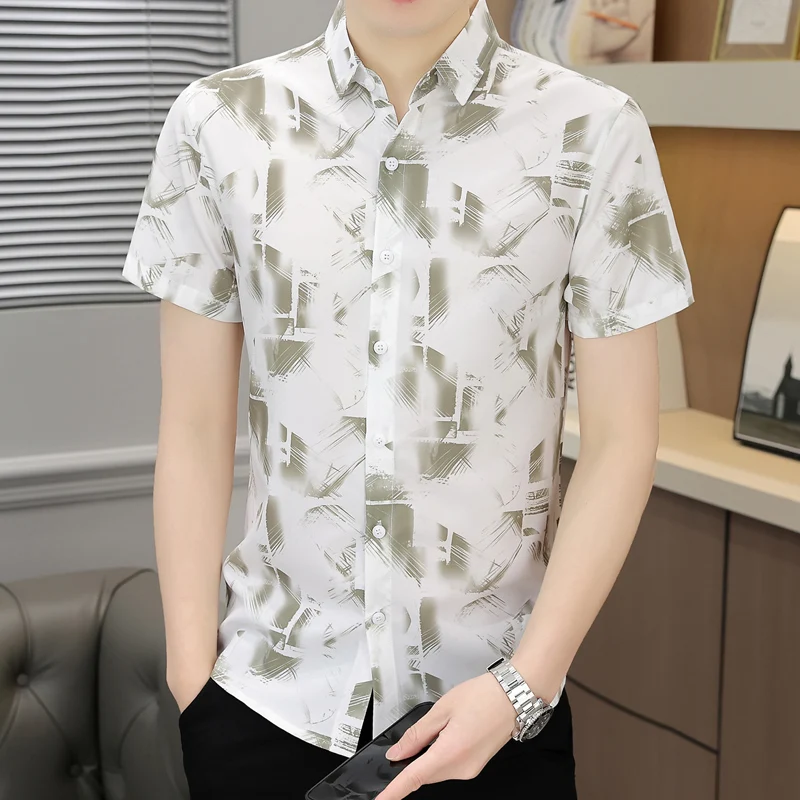 

2026 Summer New Style High-Quality Ice Silk Elastic Youth Short-Sleeved Shirt for Men