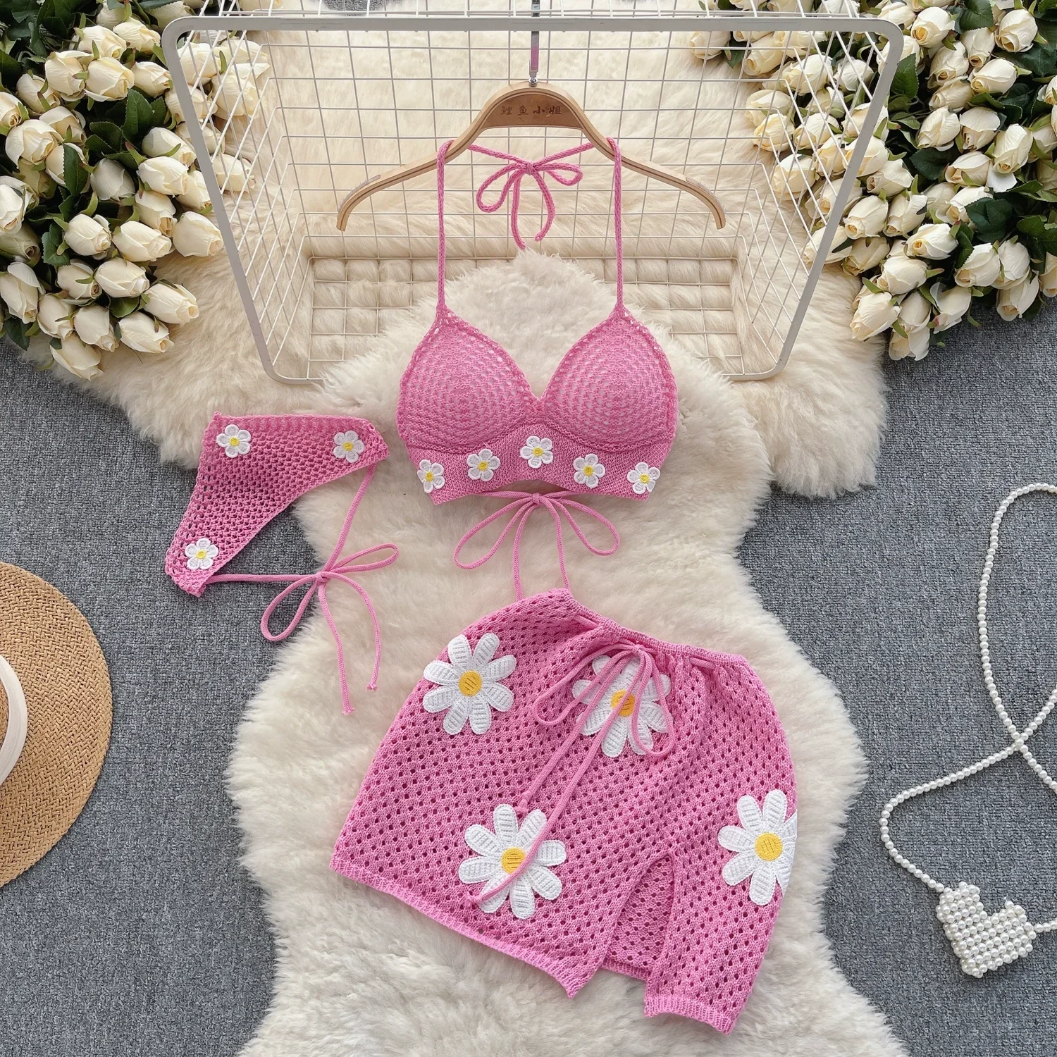 

New Summer Hollow Out Knitted Suits Women Halter Lace Up Bow Backless Tank Top+Drawstring Split Mini Skirt Two Pieces Sets