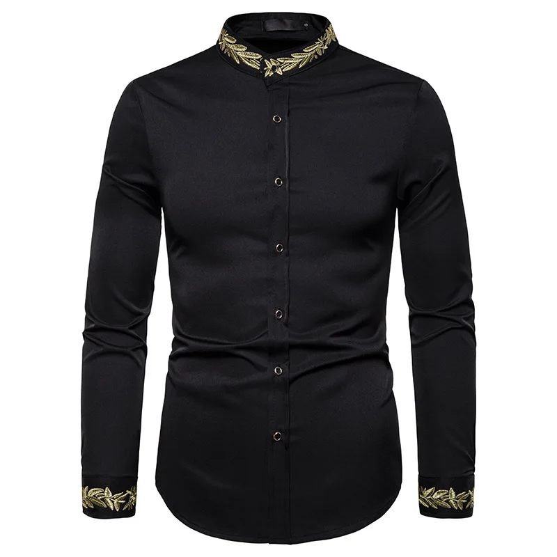 

New Fashion Men's Henry Collar Shirt American Style Embroidered Long Sleeve Shirts Casual Business Office Dress Blouse Party