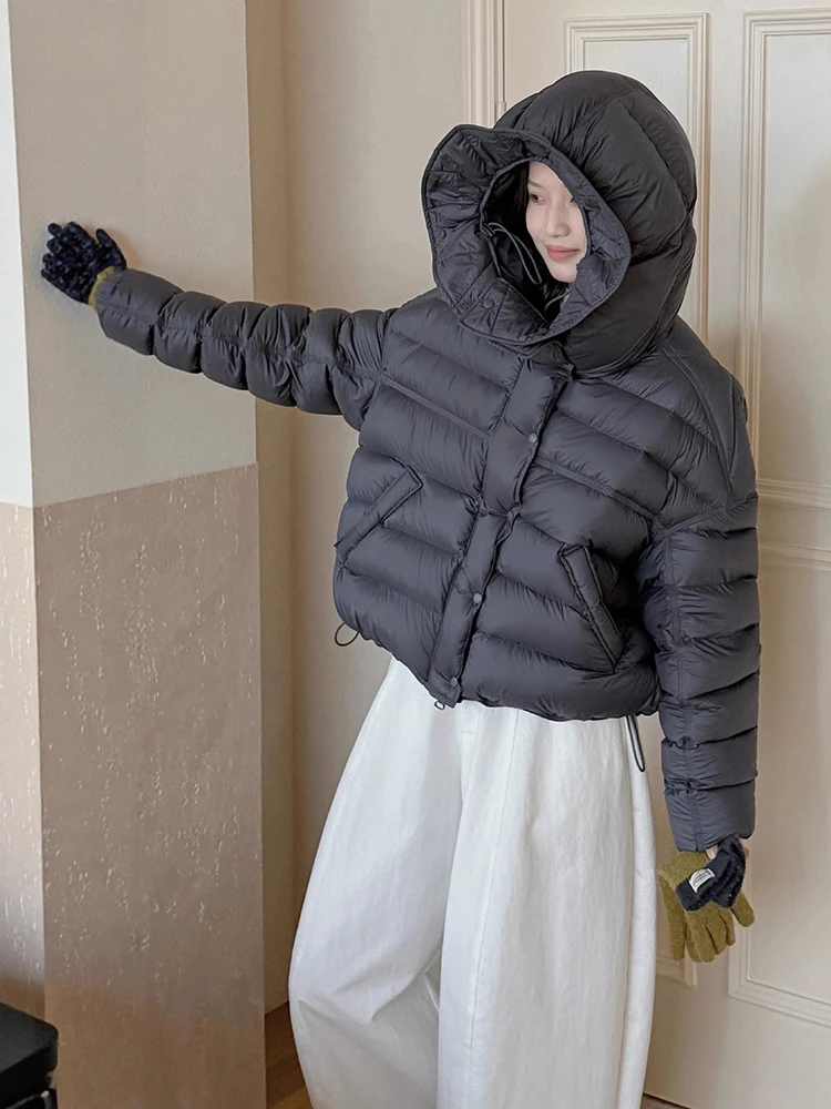 

Зимний короткий пуховик с капюшоном, теплый пуховик, женский белый утиный пух, куртка на шнурке, верхняя одежда, женские утепленные пушистые куртки на молнии