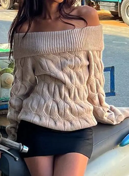 

Lazy Women's Casual Knitted Sweater Autumn Winter Fashion Solid Color One Shoulder Long Sleeved Slim Fit Women's Knitted Sweater