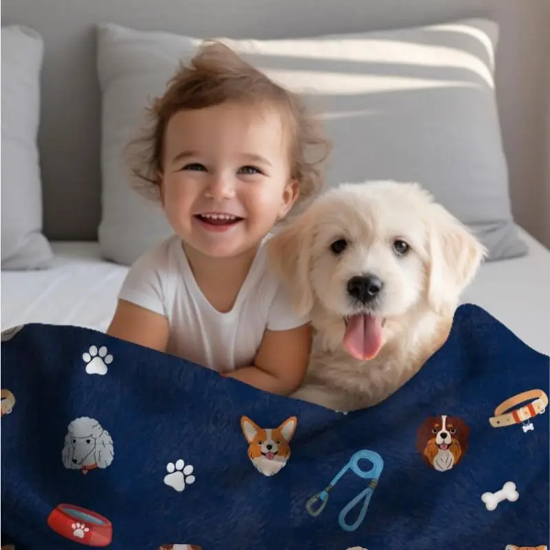 

VIKAMA Navy Blue Dog Print Flannel Blanket Soft Plush For Bedroom Sofa Nursery Camping Throw Home Decor