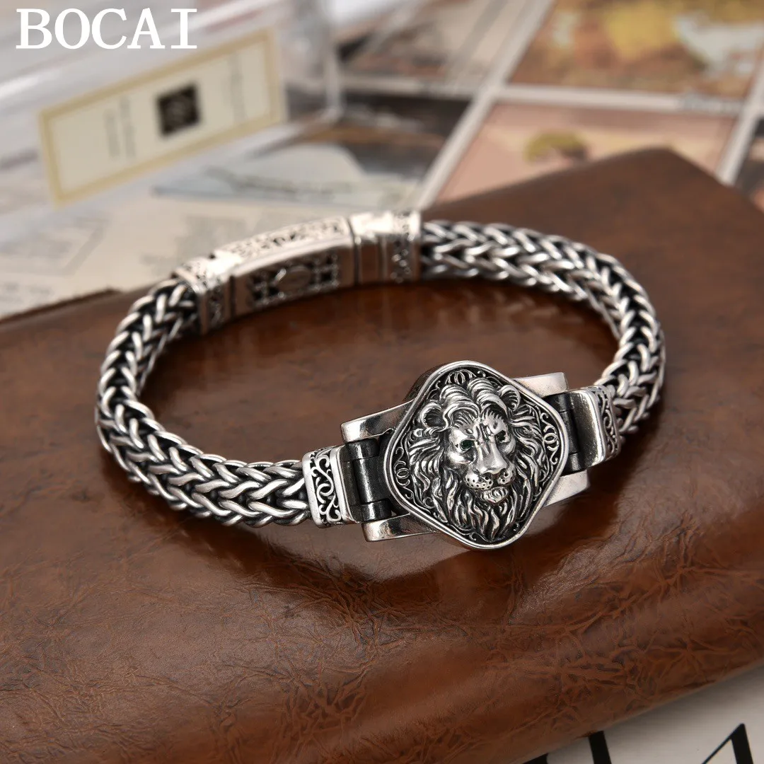 BOCAI NEW S925 Sterling Silver Charms Bangles for Men Women Antique Woven Chain Golden Lion Vajra Pestle Fine Choice Jewelry