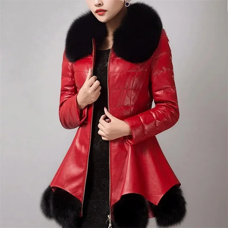 Pop Pop 2025 Winter New PU Leather Jacket Faux Fur Coat Women's Thick Warm Cotton Jacket Long Slim Oversize Leather Coat Fur Col