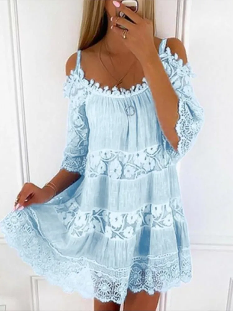 

Women Lace Loose Casual Summer Dresses Sexy Off Shoulder Solid Color Elegant Mini Dress Half Sleeve Slash Neck 2025 New Vestidos