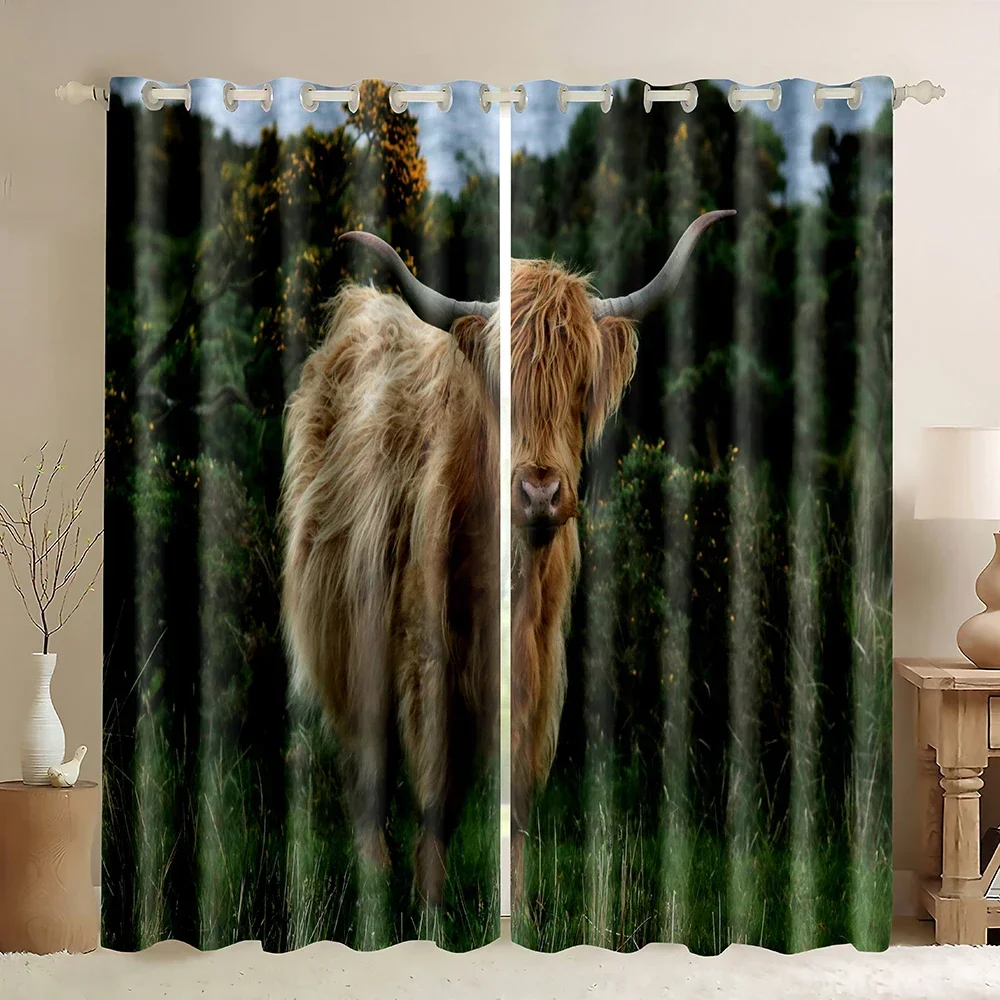 Window Curtain Highland Cow Printing Decor Durable Drapes for Bedroom Kitchen Living Room Cattle Portrait Art Blackout Curtains