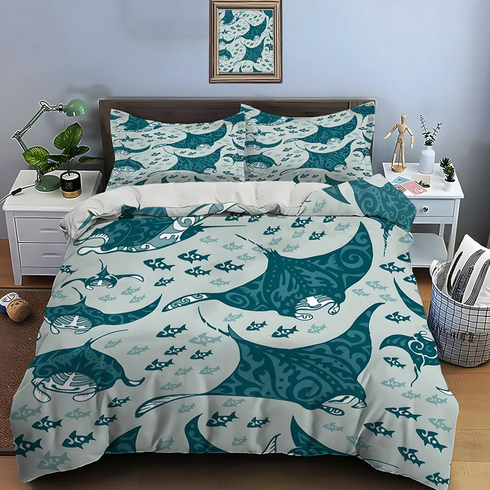 Manta rays marine elements Pattern Duvet Cover Set Digital Print Colorful Polyester Bedding with Zipper Closur for kids gifts