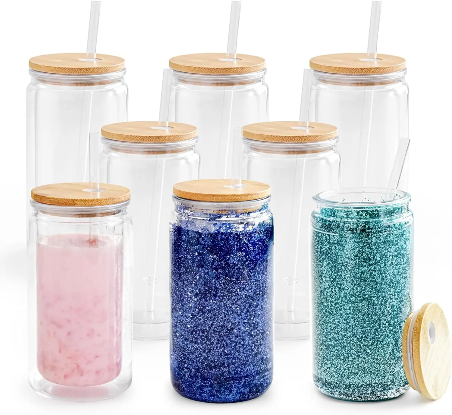 

Набор из 8 стаканов для создания снежных шаров своими руками с бамбуковыми крышками и трубочками, прозрачные пластиковые стаканы с двойными стенками, 16 унций