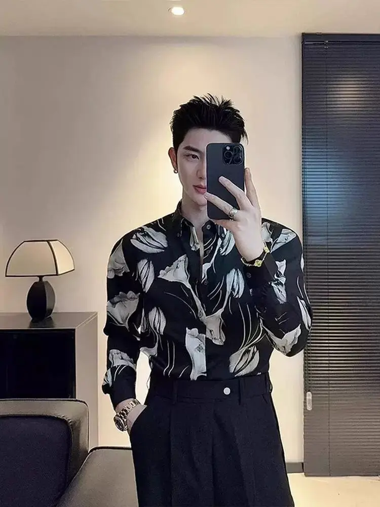 Early Autumn New 2025 Men's Printed Shirt Without Ironing British Long-sleeved Thin Style Trendy Casual