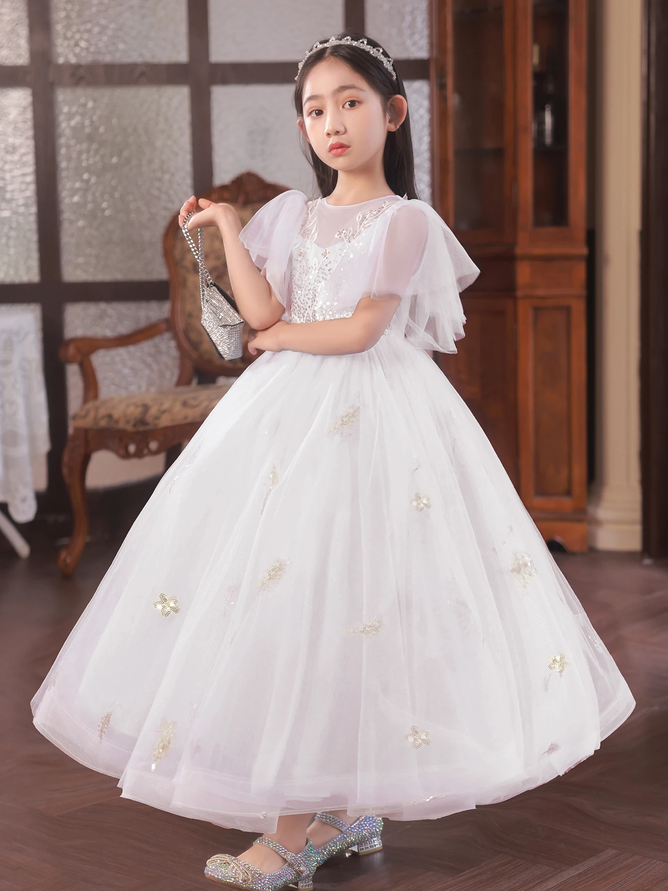 Children Ball Gowns Long Skirt Party Dress Flowers Clothes for Girls Wedding Party Gauze Dress