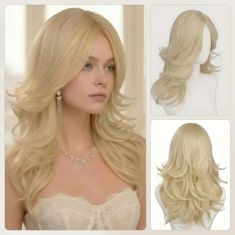 Ladies 24-inch dirty blonde synthetic wig with curtained bangs and wavy layers - natural mid-section styling, suitable for fancy