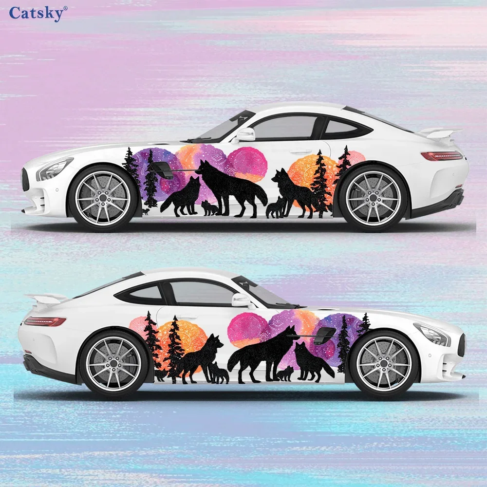 Black Wolf Pack Colorful Mandala Car Side Car Wrap, Self-Adhesive PVC Waterproof & Scratch-Resistant Sticker, Car Accessory Gift view 3
