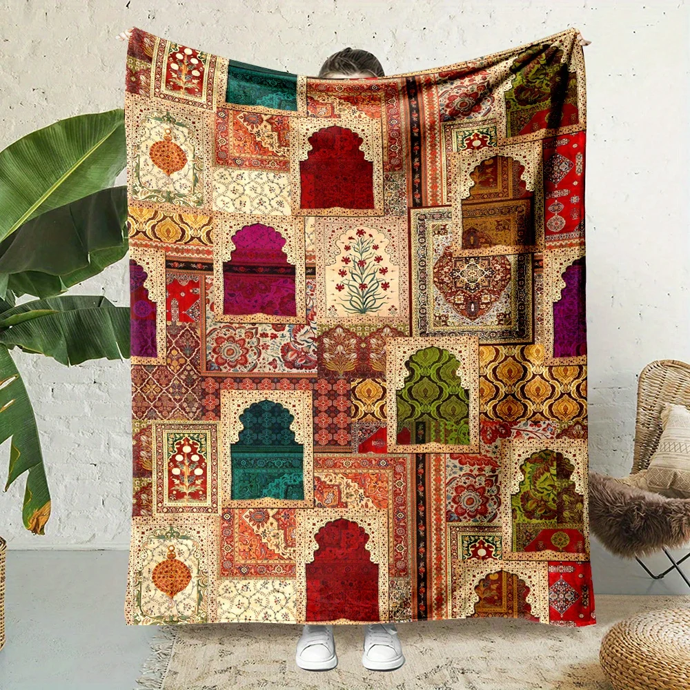 Moroccan Arch Floral Patchwork All Over Print Blanket, Light Flannel Throw For Couch Room, Bohemian Ethnic Daily Blanket