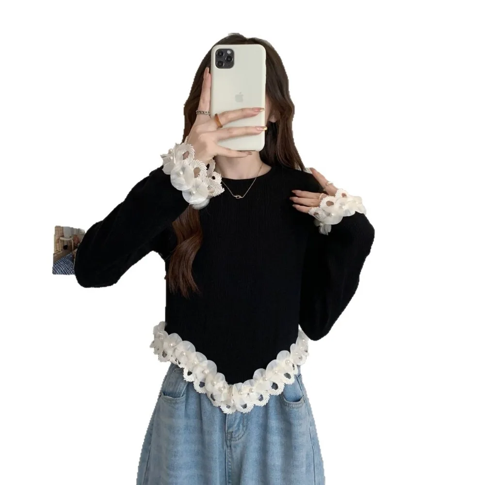 Großes Retro-Hemd mit schwarzer Basis für Damen, Spitze, einfarbiges Design, schmale Passform, schlankmachend, schlicht, elegant, Sinn für Mode