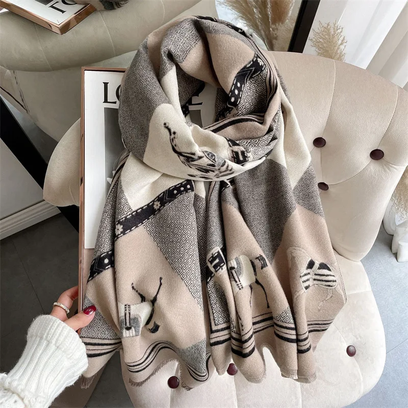 Luxury Winter Scarf Women Soft Cashmere Warm Pashmina Double Horse Printed Scarves Wraps Thick Shawl Bufandas Stoles Hijabs