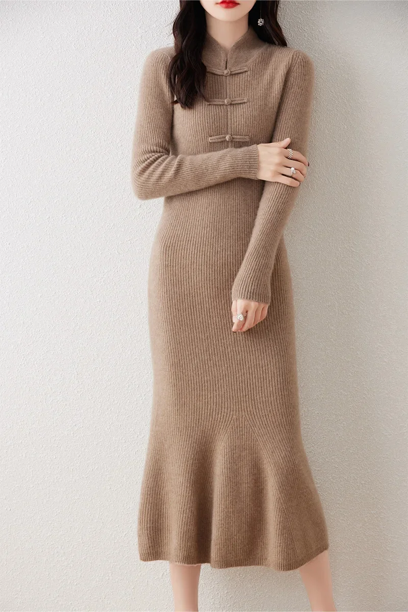 

Chinese Style Dress for Women, 100% Merino Wool, Cheongsam Sweater Traf, Autumn and Winter, New, Buckle