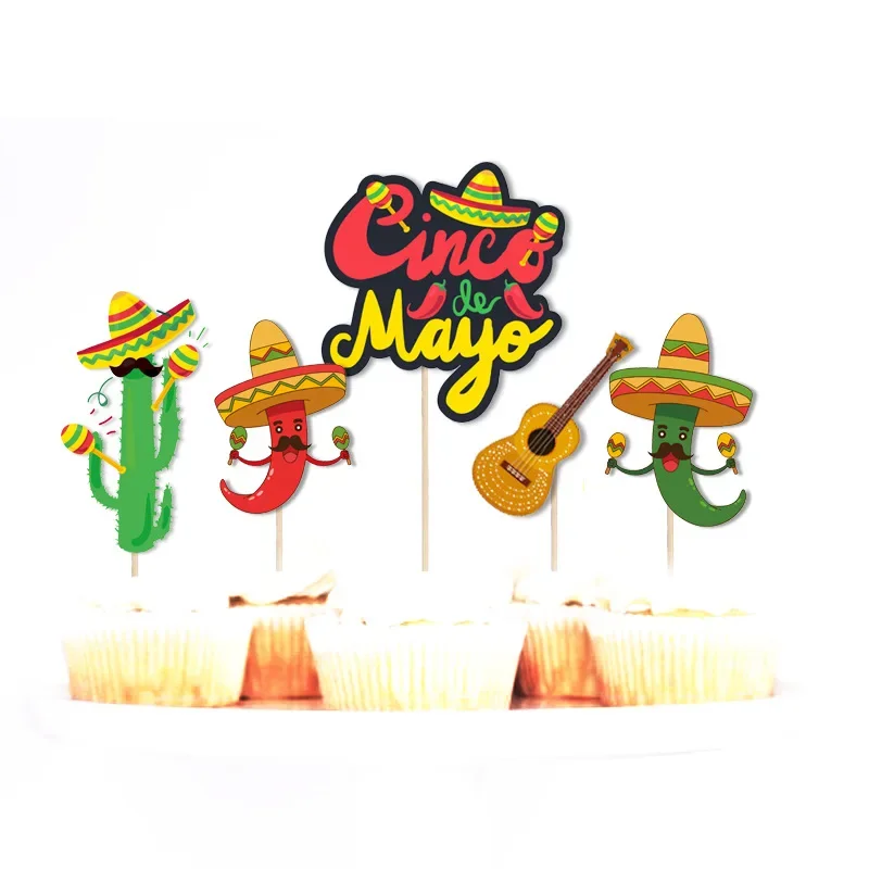 Mexican Theme Party Decoration Banner Straw Hat Chili Cactus Cake Topper Happy Cinco De Mayo May Letter Flag Wedding Decoration