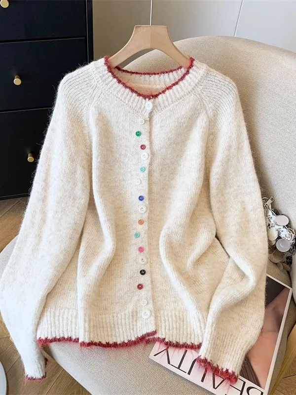 

Женский вязаный открытый кардиган круглого цвета, теплый модный осенне-зимний свитер свободного покроя с рюшами по краю и пуговицами