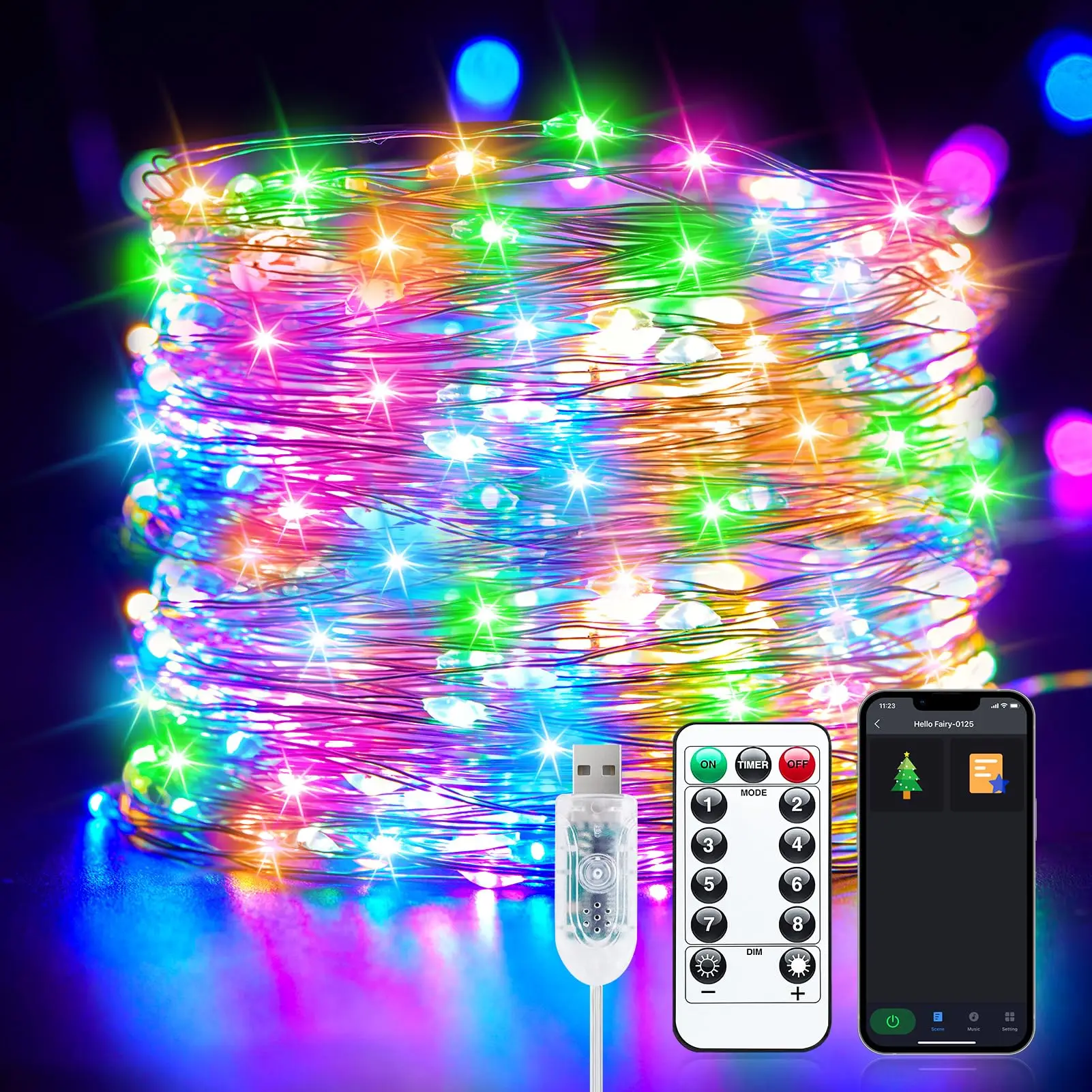 Smart USB Fairy Lights 100 LED Garland with Timer and Bluetooth App Remote String Lights for Christmas Wedding Party Decoration