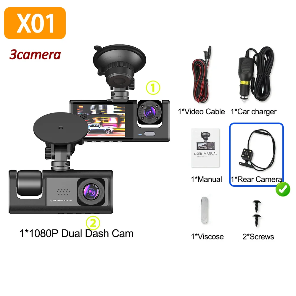 1080P Auto Dvr 2/3 Camra Dash Cam voor Auto's Camera voor Voertuig Recorder Video Voor Optioneel Achteruitrijcamera Nachtzicht Dashcam