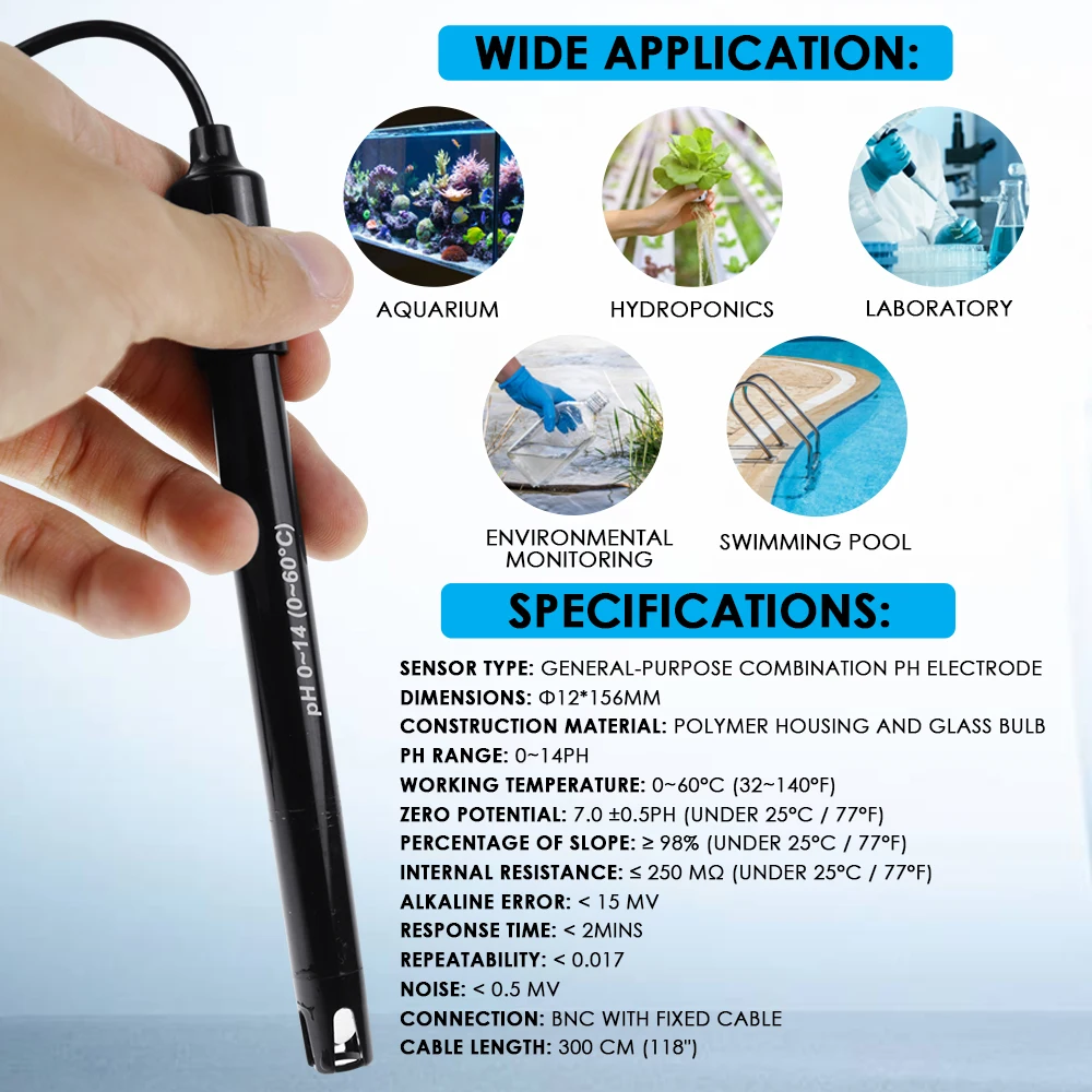 PH Electrode Sensor Probe Factory Industry Experiment Laboratory Pool Water Analyzer PH Meter Tester PH Probe BNC Connector