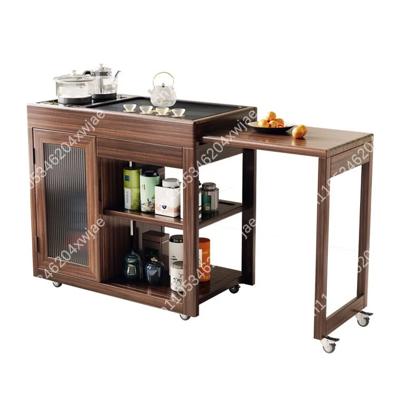 New Solid Wood Tea Cart with Wheels Extendable Table for Small Balcony Living Room Home Brewing
