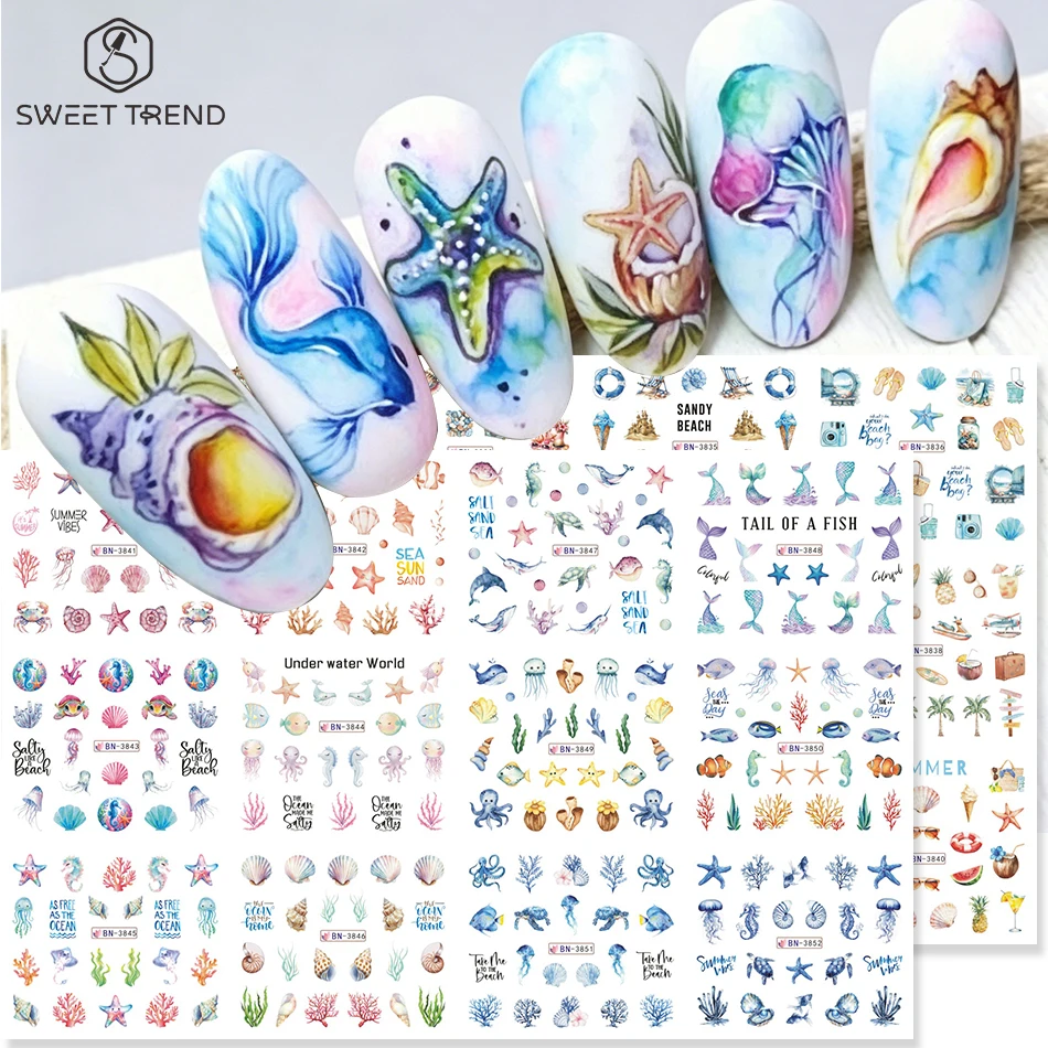 Nail Art France - 12デザイン サマーオーシャンテーマ ネイルステッカー カラフルな巻貝 ヒトデ クラゲ