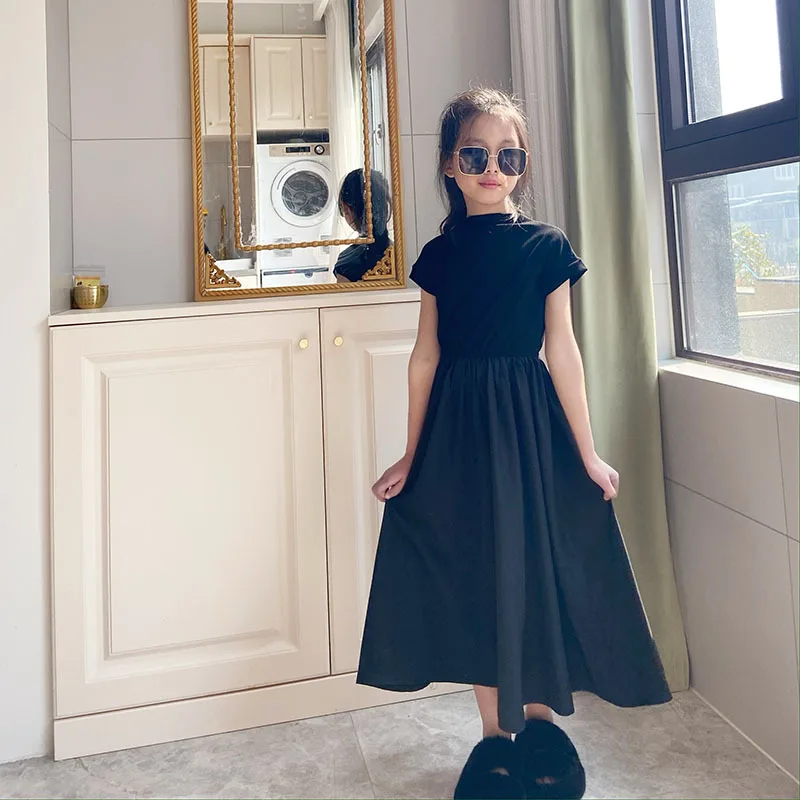 Girls Black Dress 3-12 Years Cotton Party Dress Teen Girls Student Fashion Dress Summer Princess Dress Kids Casual Dresses