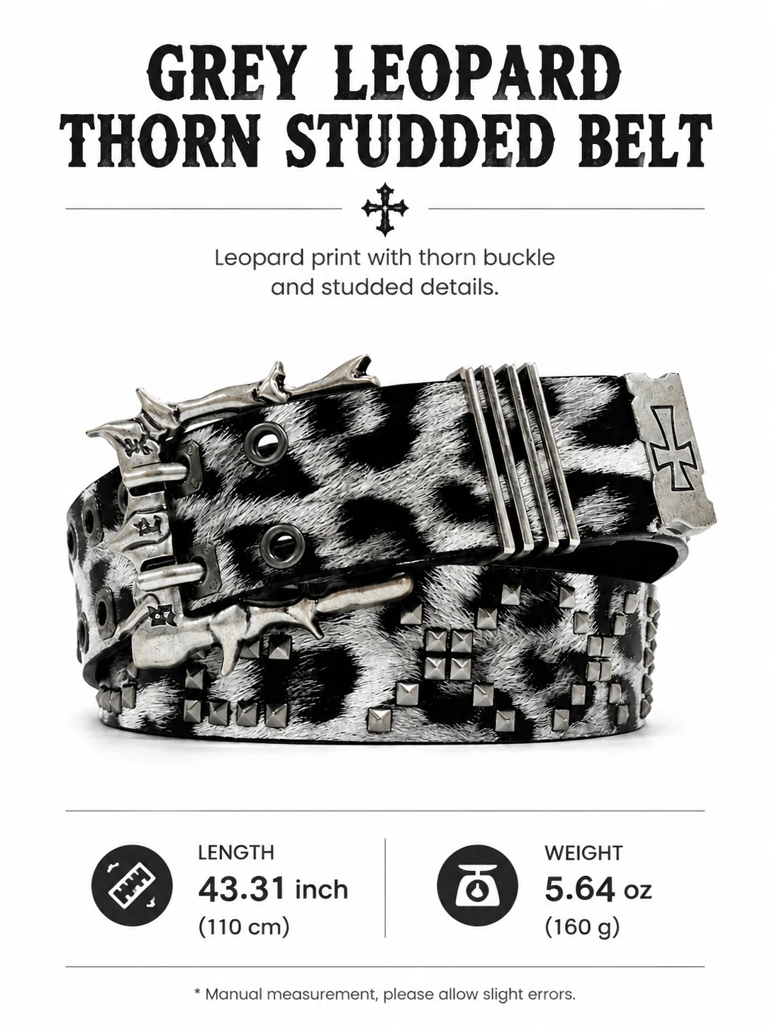 Grey Leopard Thorn Studded Belt, Vintage Animal Print Waist Belt with Silver Thorn Buckle, Punk Streetwear Fashion Accessory