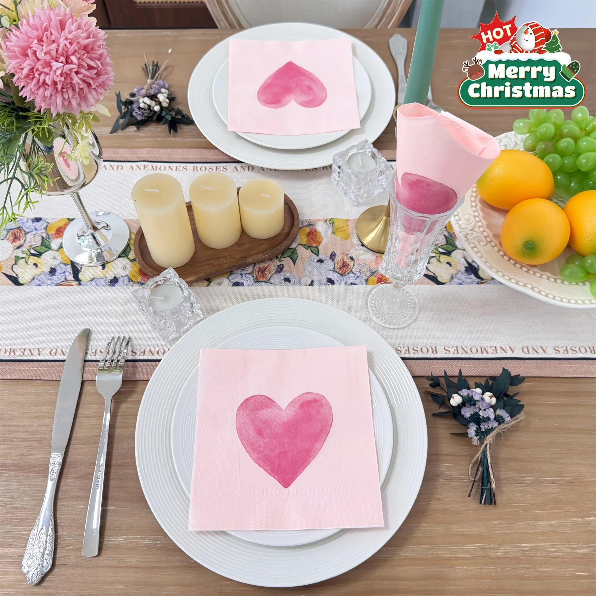 20pcs, 2 Layers Pink Love Pattern Party Napkins,Valentine's Day Decorative Tissue, For Restaurant Hotel Halloween&Christmas
