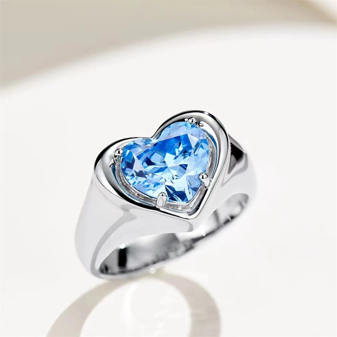

Simple Single Diamond Aquamarine Ring S925 Silver Heart-shaped Love Cutting Simulation Blue Diamond Ring Jewelry Daily