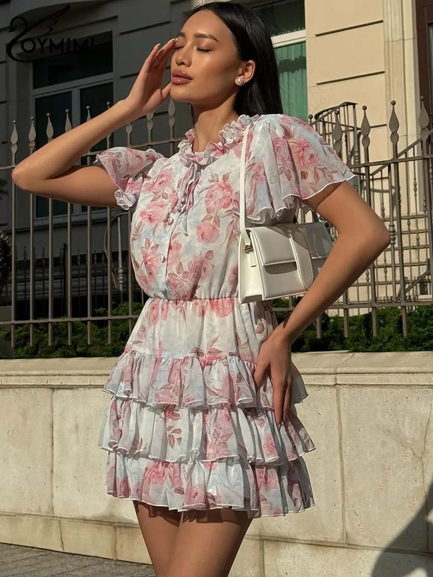 

Oymimi Elegant Pink Print Womens Dresses Fashion Ruffled Neck Short Sleeve Button Dress Casual High Waist Cascading Ruffle Dress