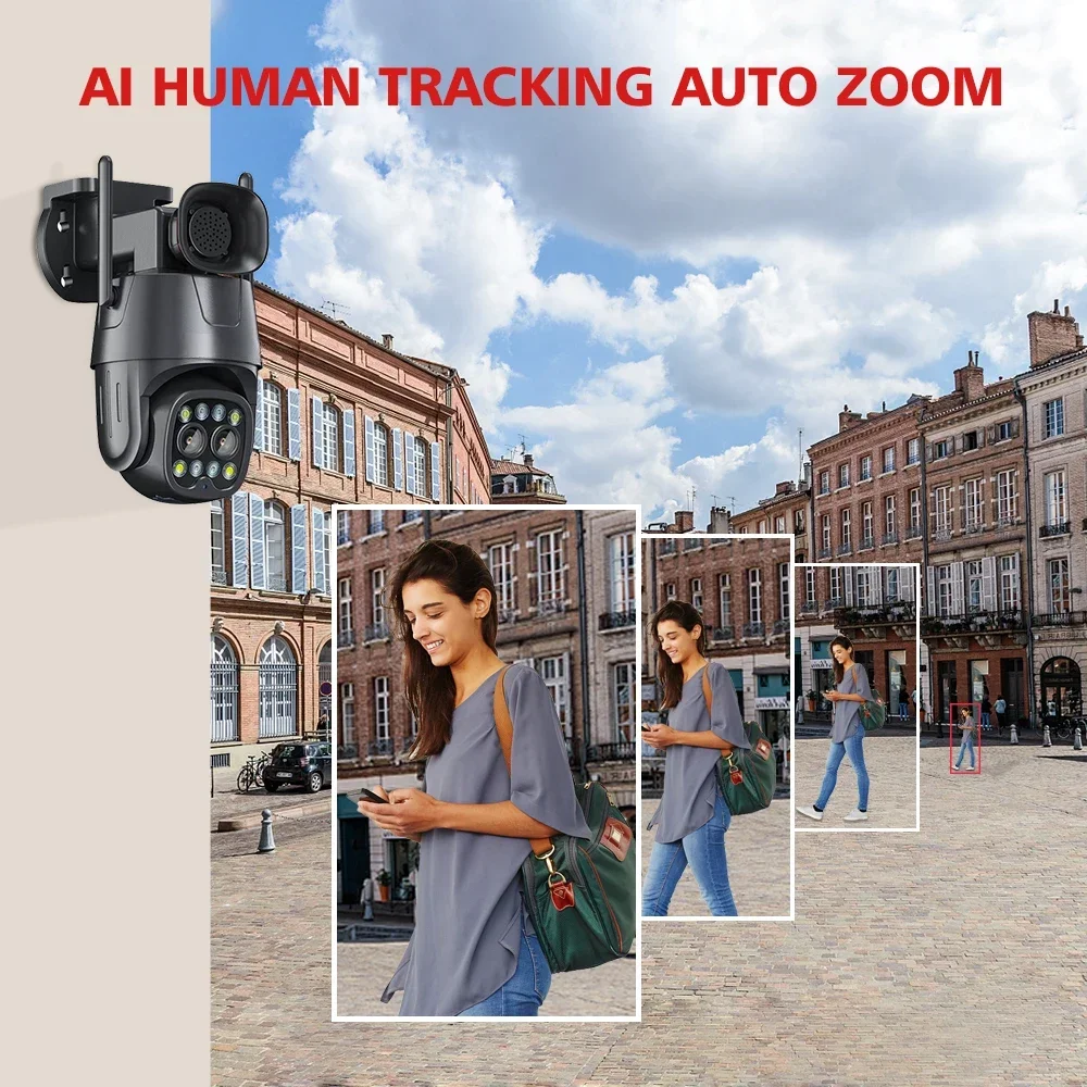 Outdoor AI Human Tracking Color Night Vision Security Camera IP Camera Wifi/4G Sim Card PTZ 4MP Dual Lens 2.8mm-8mm