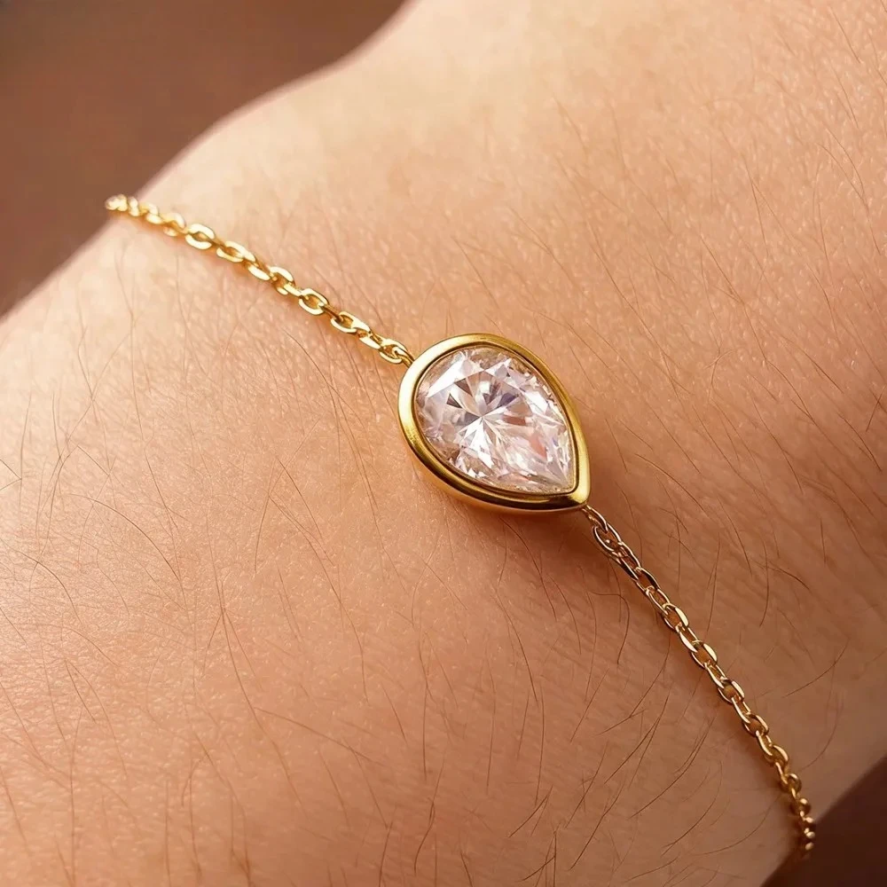 

1CT Diamond Oval/Water Drop Moissanite Bracelet For Women Men Minimalist Charm 925 Silver Wrist Chain Adjustable Plated 18K Gold