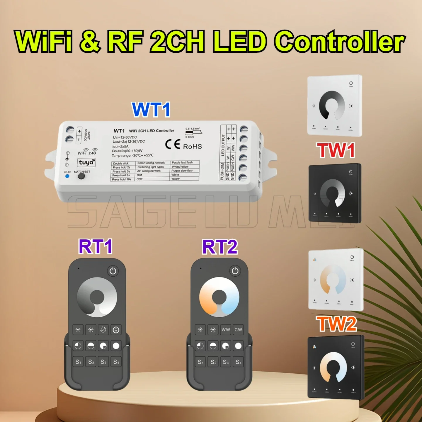 WiFi & RF2.4GHz 2CH LED Controller WT1 12-36VDC Push Dim Tuya smart APP for Single Color or Color Temperature LED strip Light